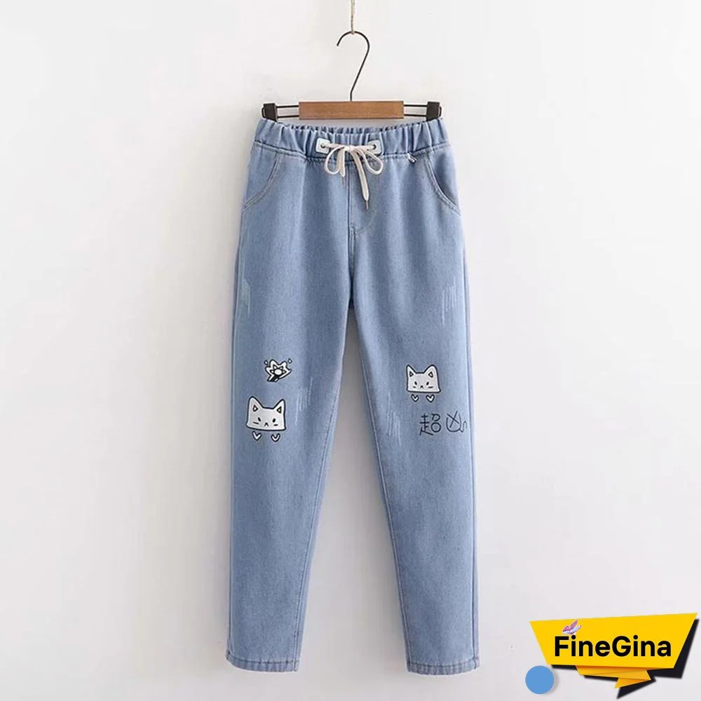 Kitty Print Drawstring Plush Denim Pants