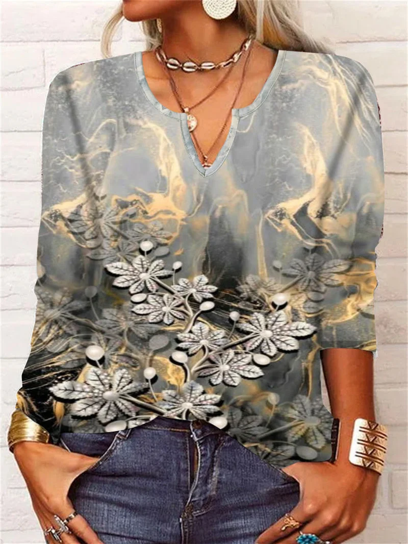 Women's Long Sleeve V-neck Floral Printed Graphic Tops