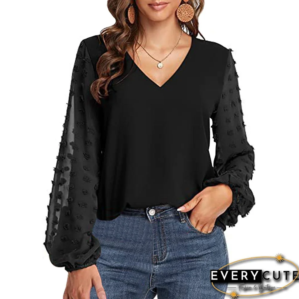 Black V Neck Splicing Swiss Dot Long Sleeve Blouse