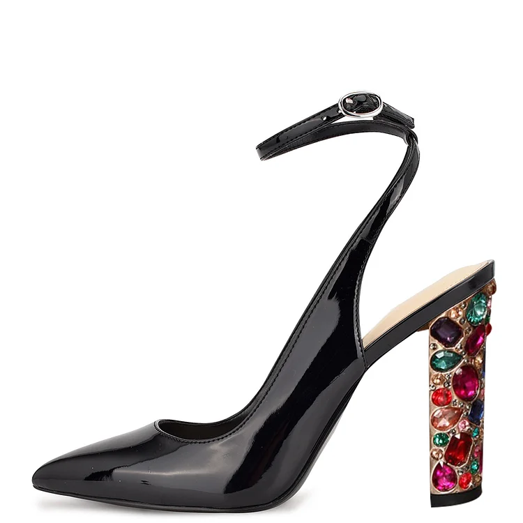 Black Patent Leather Ankle Strap Crystal Decorative Block Heel Pumps |FSJ Shoes