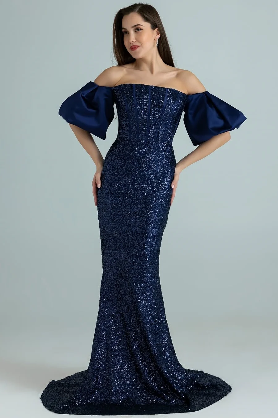 Daisda Puff Sleeves Strapless Square Beads Mermaid Prom Dress