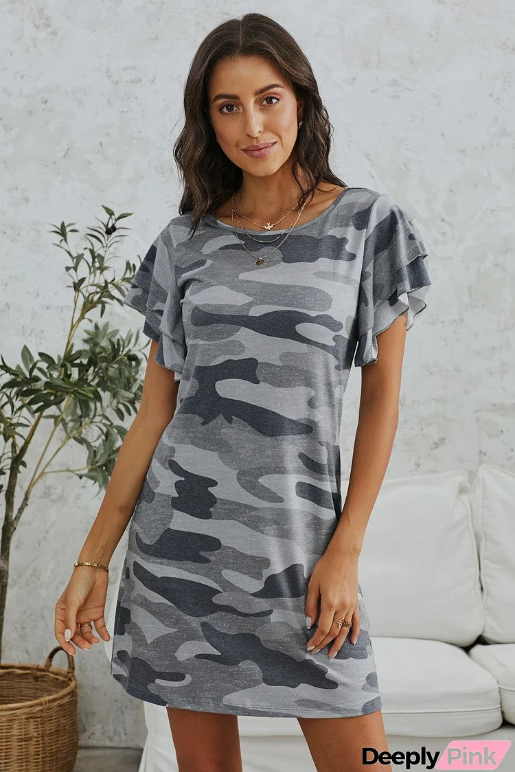 Gray Pile Of Sleeves Camouflage Casual Dress