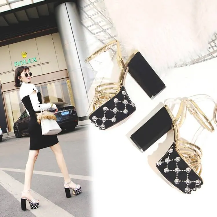 VCSHOES Leather Pearl Platform Chunky Heel Sandals