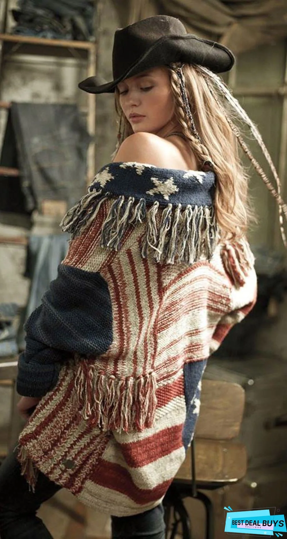 Fringed Medium and Long Cardigan Contrast Star Stripe Knitted Sweater