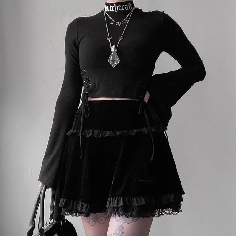 InsGoth Goth Cross Embroidered Black Skirt Gothic Vintage Lace Velvet Emo Alt Skirt Fairy Grunge High Waist A Line Mini Skirt