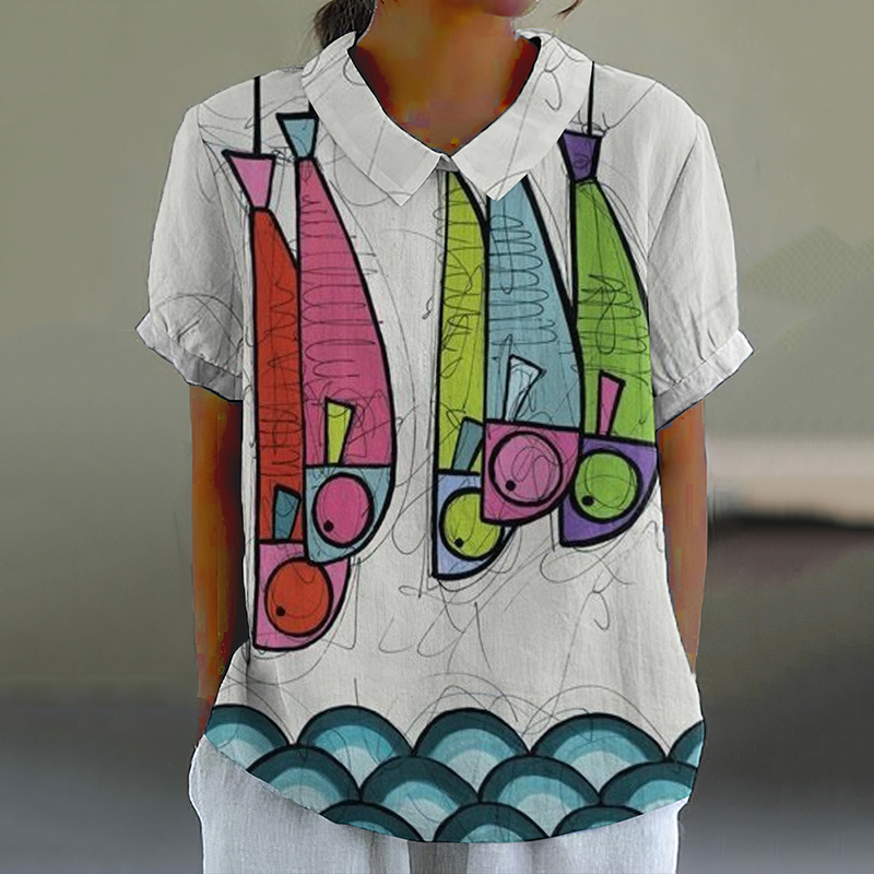 Retro Cartoon Sardines Fish Art Pattern Printed Casual Women's  Cotton Linen Shirt wearshes