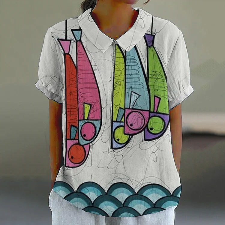 Retro Cartoon Sardines Fish Art Pattern Printed Casual Women's  Cotton Linen Shirt