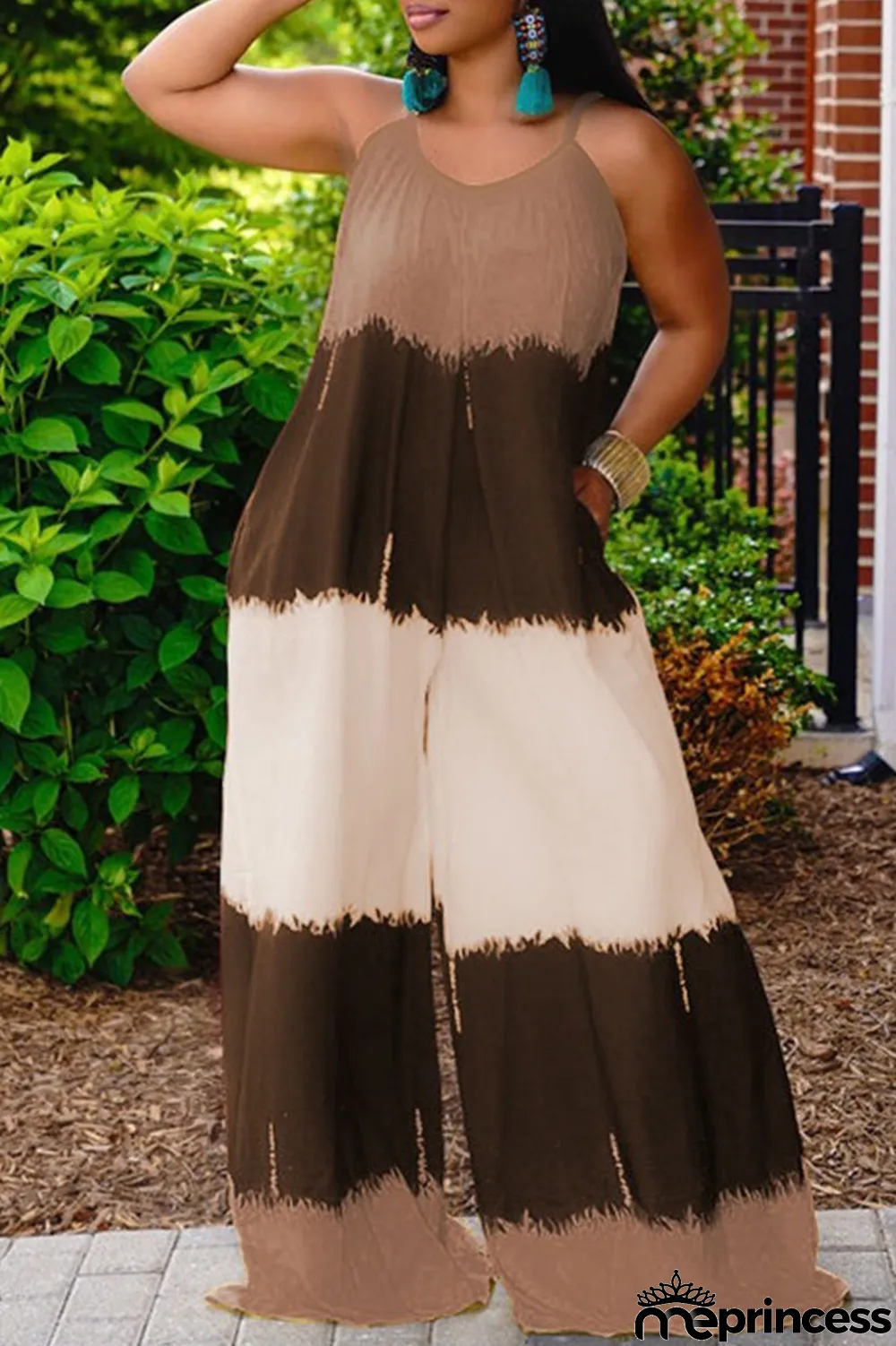 Yellow Casual Print Patchwork Spaghetti Strap Plus Size Jumpsuits