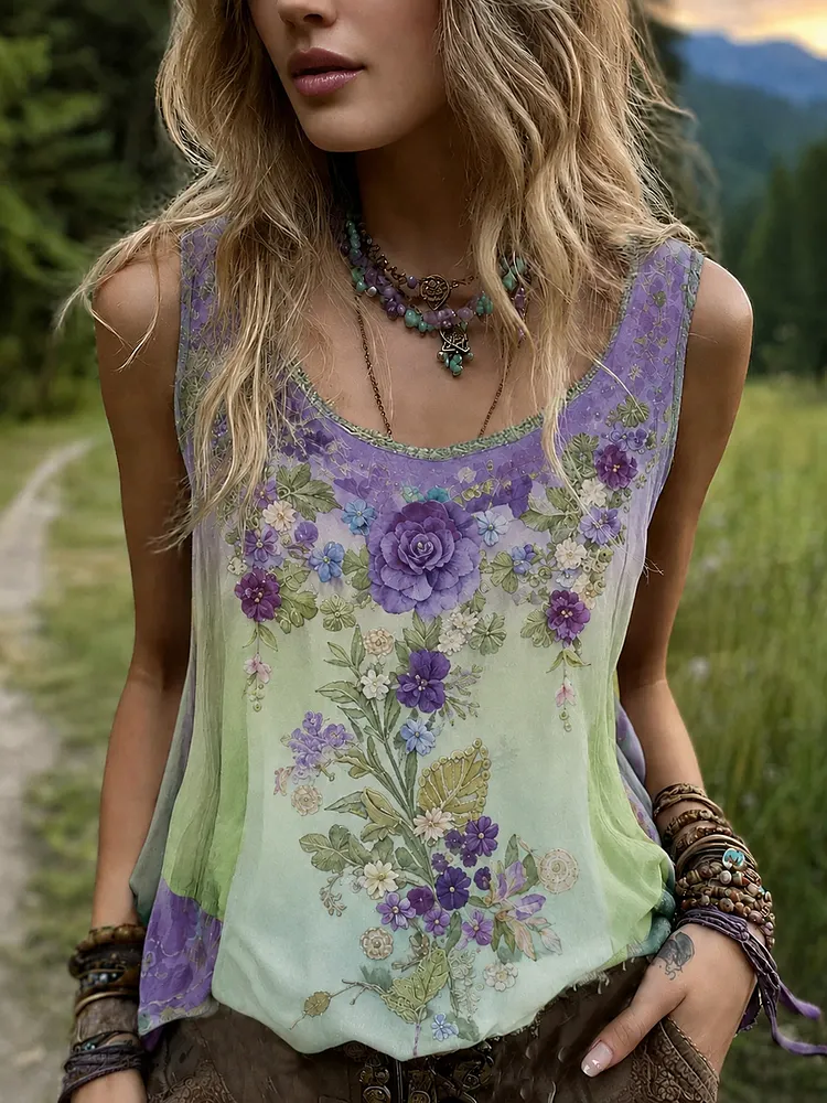 Vintage Classy Gradient Purple Lavender And Floral Embroidered Pattern Linen Tank Top