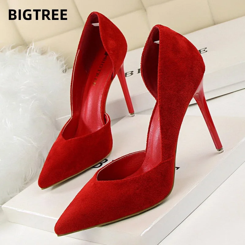 BIGTREE Shoes Suede Woman Pumps Ladies Stiletto Women Shoes Red Pink Black Wedding Shoes High Heels 2022 Women Basic Pump Shoes