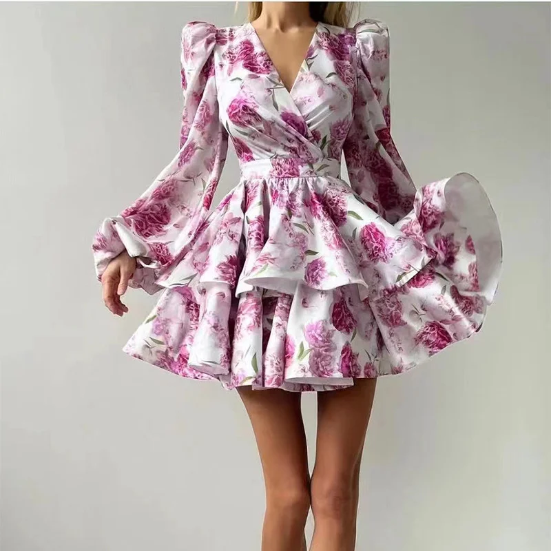 Zingj Gentle Style Dress Women 2025 Spring New Sweet Fresh Fashion Bubble Sleeve Print Short Ponve Skirt