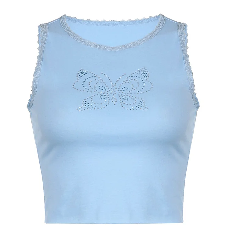 Rapcopter Y2K Butterfly Tank Tops Lace Trim Cute Sweet Basic Crop Top O Neck Sleeveless Rhinestone Summer Sweats Mini Vest Women