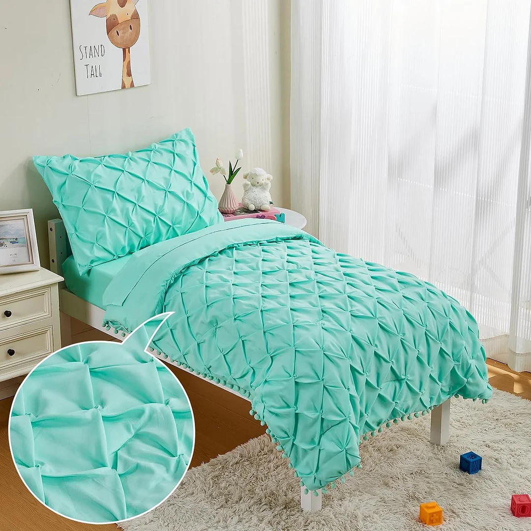 White Boho Tufted Toddler Bedding Set Girls and Boys, Pom Pom Comforter Set for Kids Breathable Bed-in-a-Bag, Embroidery Shabby Chic Design-Comforter, Flat Sheet, Fitted Sheet, Pillowcase