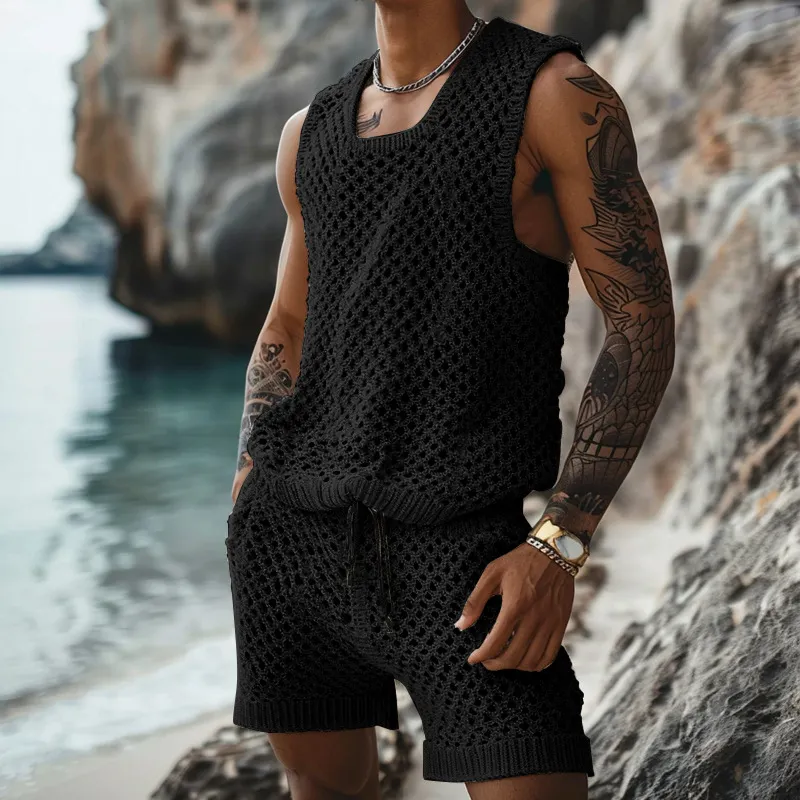 Men's Leisure Turn-down Collar Fitted Stripe knitting Tank Tops And Shorts Sets