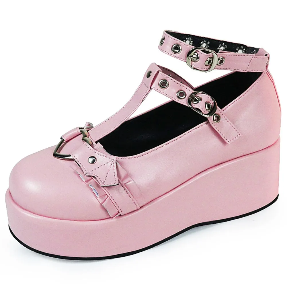 Brand New Sweet Black Halloween Vampire Gothic Lolita Style Girls Pink Bat Wings Ruffles Mary Janes Flats Platform Shoes Women