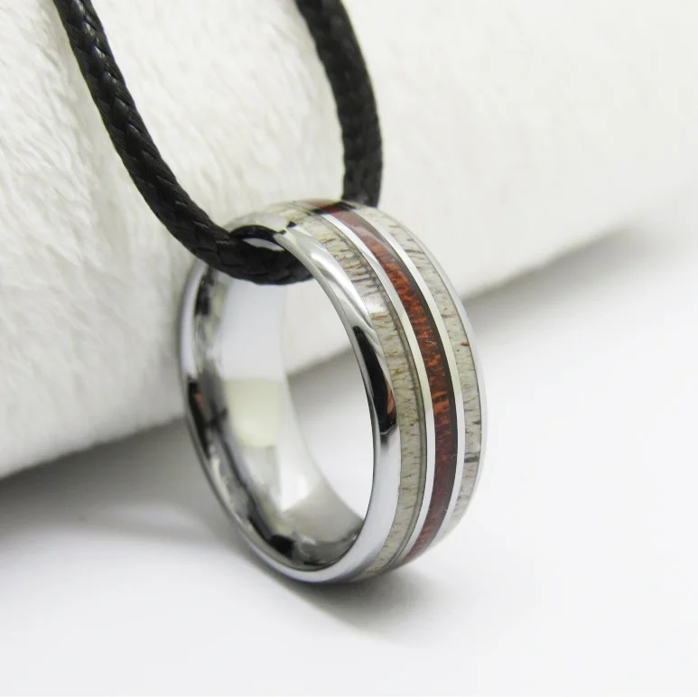 8MM Sliver Tungsten With Full Arc Polished With Deer Antler On Both Sides And Mahogany In The Middle Wedding Bands