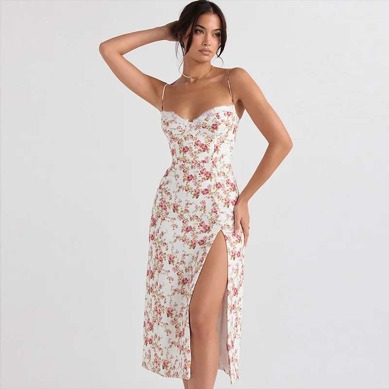 Summer Elegant Ruffles Floral Print Slip Sleeveless Backless Sexy Bodycon Slit Midi Dress