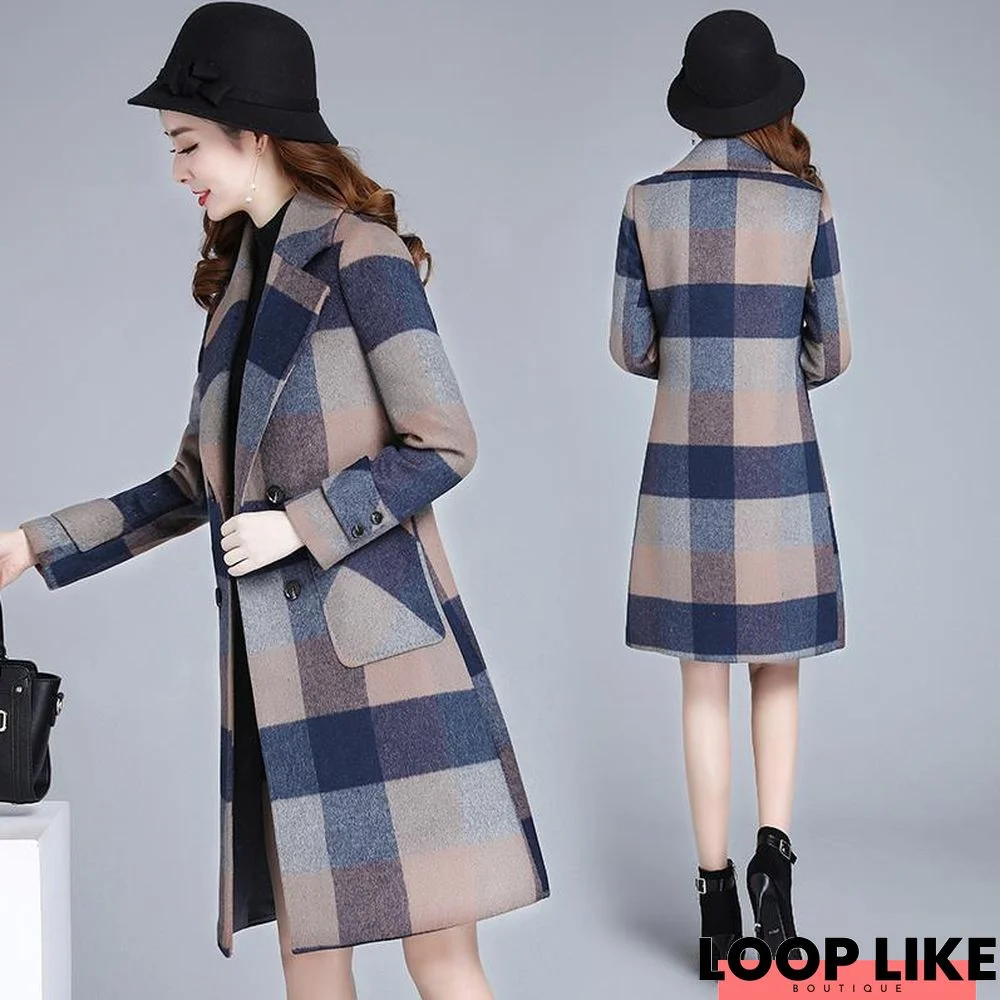 Loose Casual Plaid Printed Woolen Coat