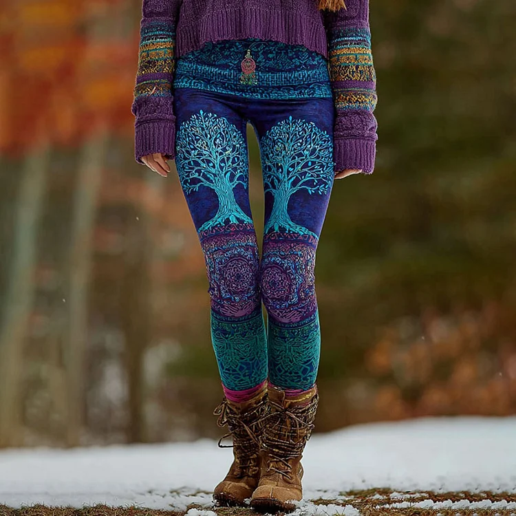 Vintage Viking Celtic Tree Of Life Purple Gradient Casual Leggings