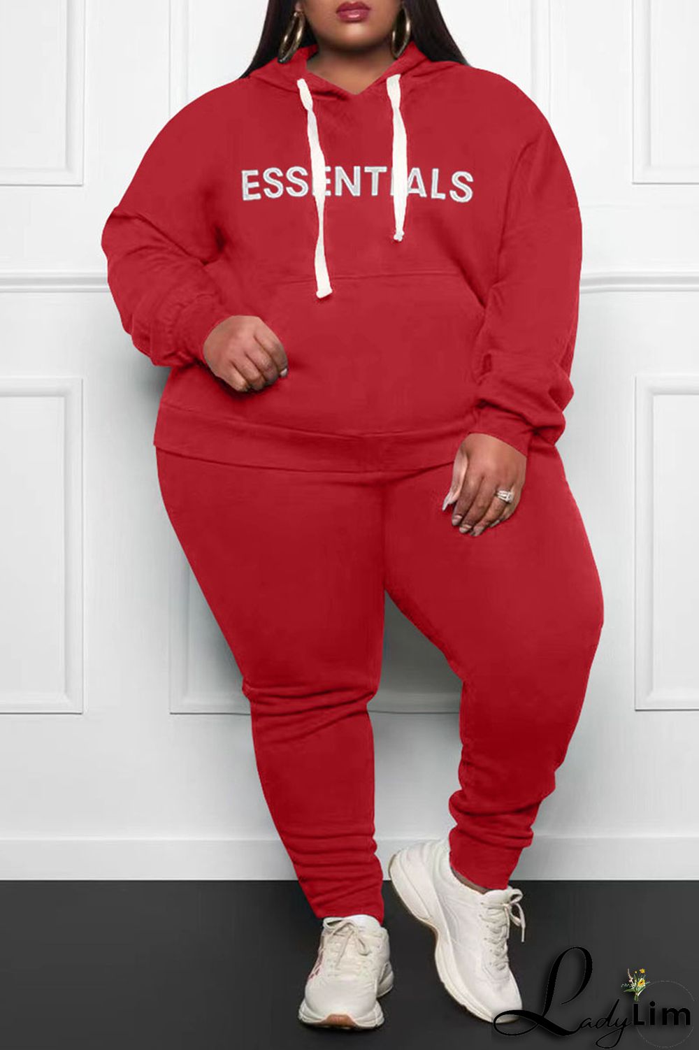 Grey Casual Print Split Joint Hooded Collar Plus Size Two Pieces