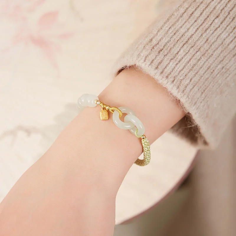 Natural Hetian Jade Bead Double Peace Buckle Fu Character Abundance Braided Bracelet