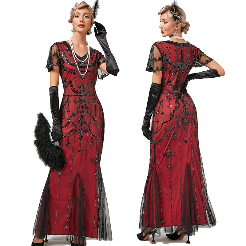1920s Gatsby Flapper Dress Short Sleeve Sequined  Mermaid Dress Halloween Costume Novameme