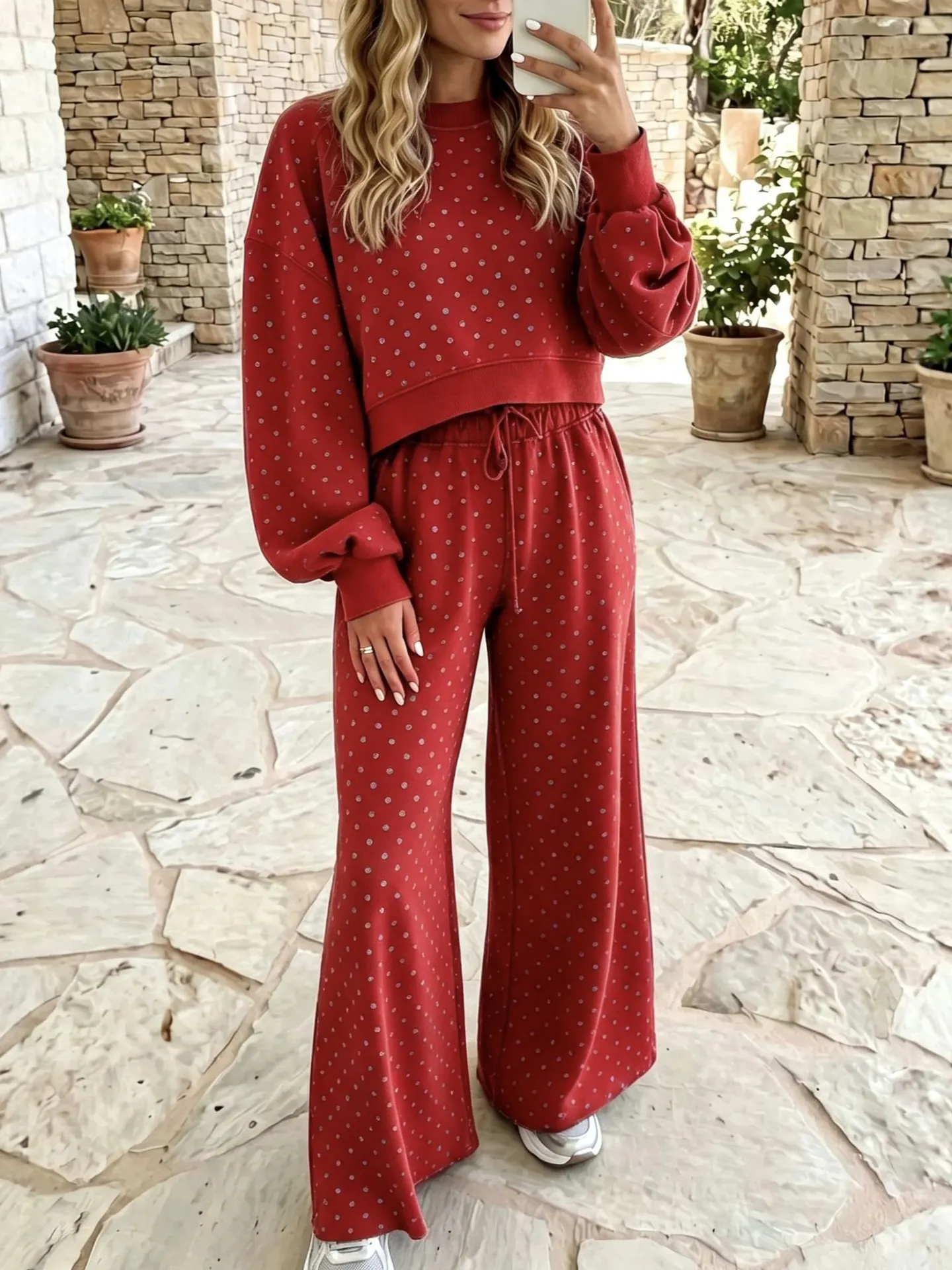 Women Long Sleeve Cropped Sweatshirt Wide Leg Pants Matching Loungewear Set
