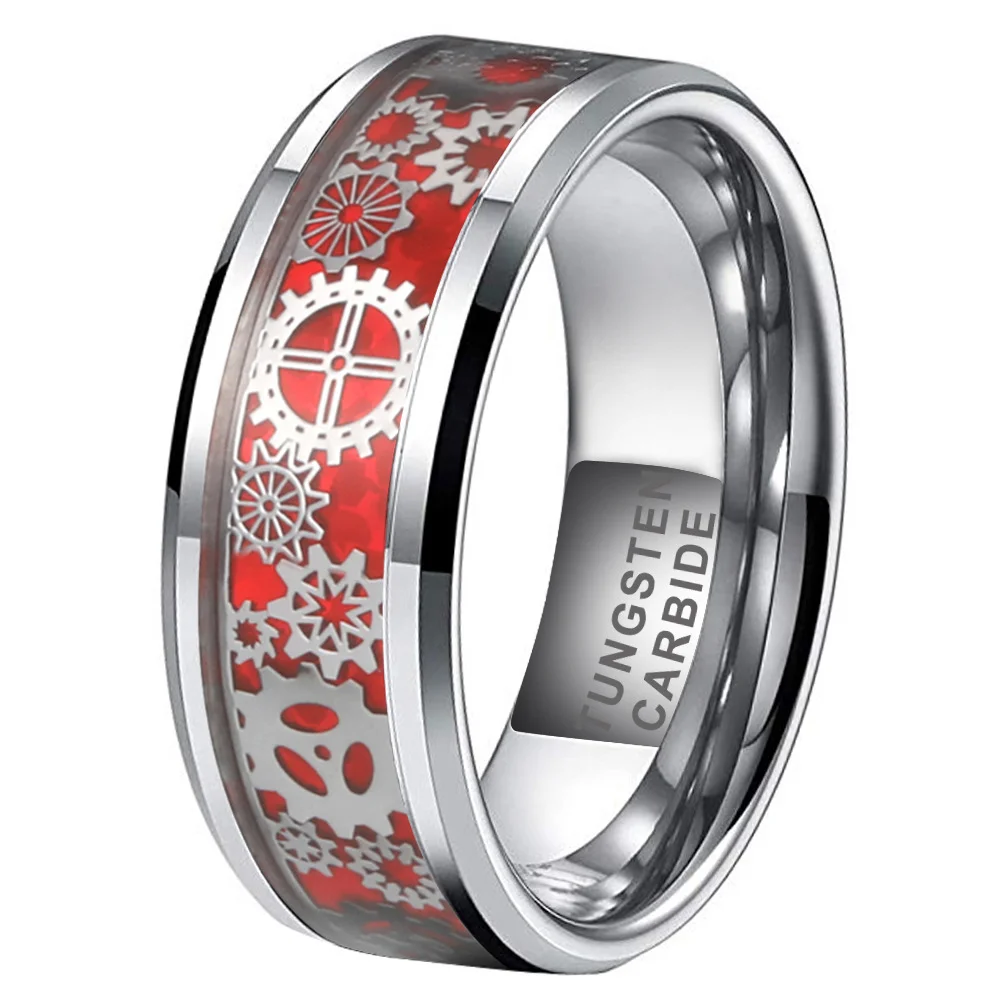 Women's or Men's Tungsten Carbide Wedding Band Gear Rings,Wedding Ring Band Silver with Mechanical Gear Red Carbon Fiber,Tungsten Carbide Ring With Mens And Womens Rings For 6MM 8MM