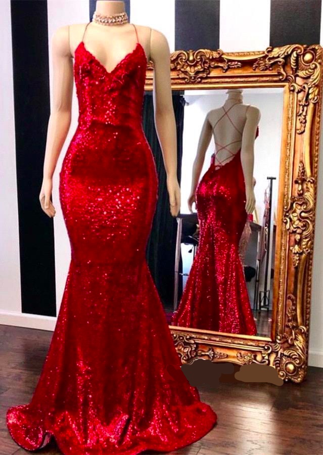 Amazing Red Sequins Mermaid Prom Dress Long With Appliques - lulusllly