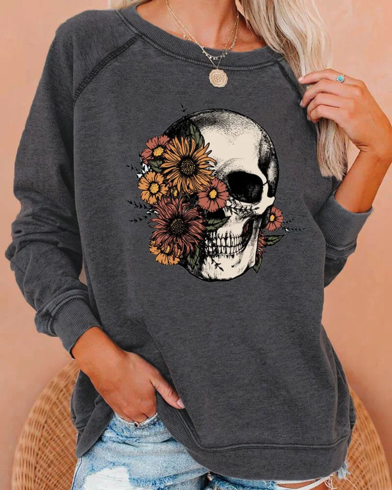 Boho Floral Skull Deep Gray Sweatshirt