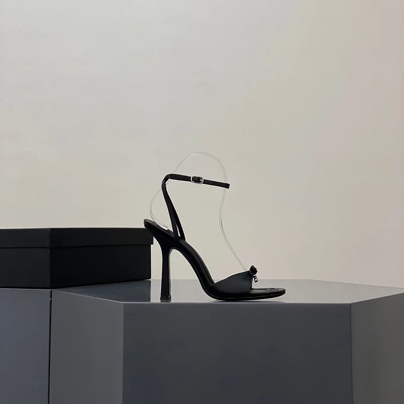 Breakj Breakj New Summer Bow Silk Satin High Heels Women Feel Water Drill Letters Fine And Exposed Cool Slippers Pink