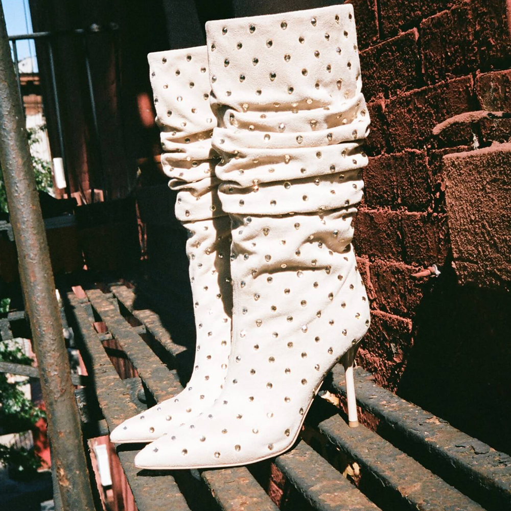 White Vegan Suede Stiletto Pleated Mid-Calf Boots with Rhinestone Nicepairs