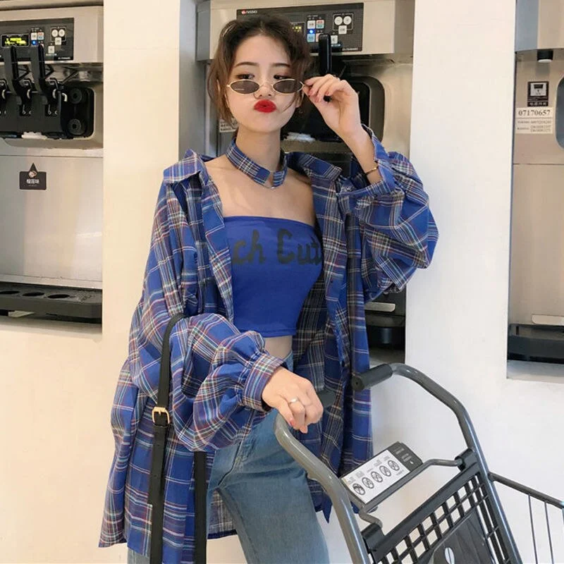 Blouse Women Plaid Shirts Casual Loose Womens Tops and Blouses Harajuku Long Sleeve Shirt Females Korean Fashion Clothing Soft