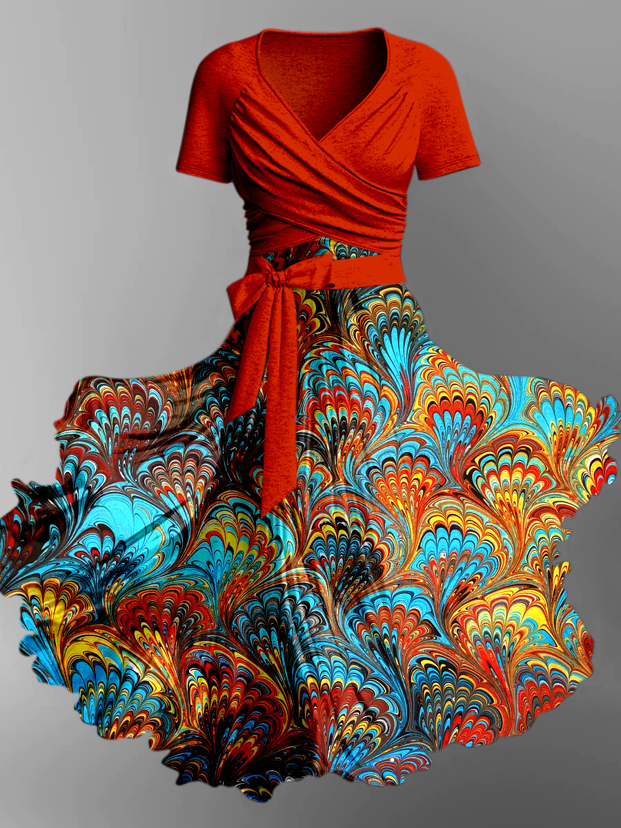 Feather Print Vintage V-Neck Short Sleeve Two-Piece Midi Dress