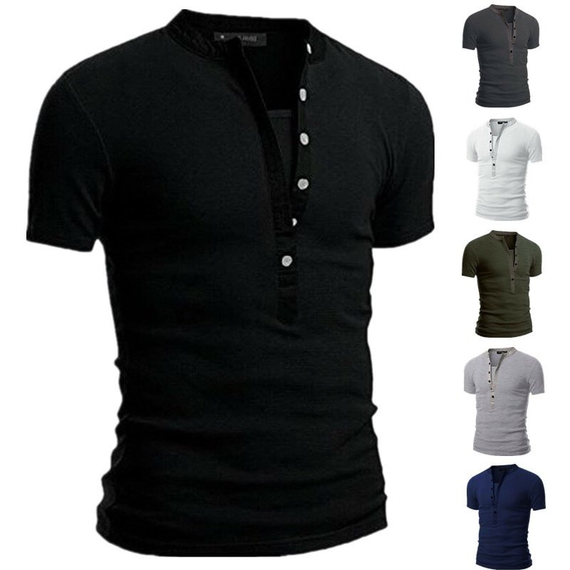 Solid Short Sleeve Stand Neck V-shaped Slim Shirt