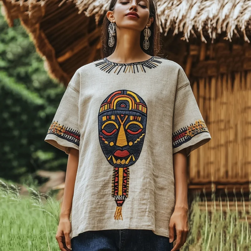 Women's African Tribal Mask And Ethnic Pattern Casual T-shirt