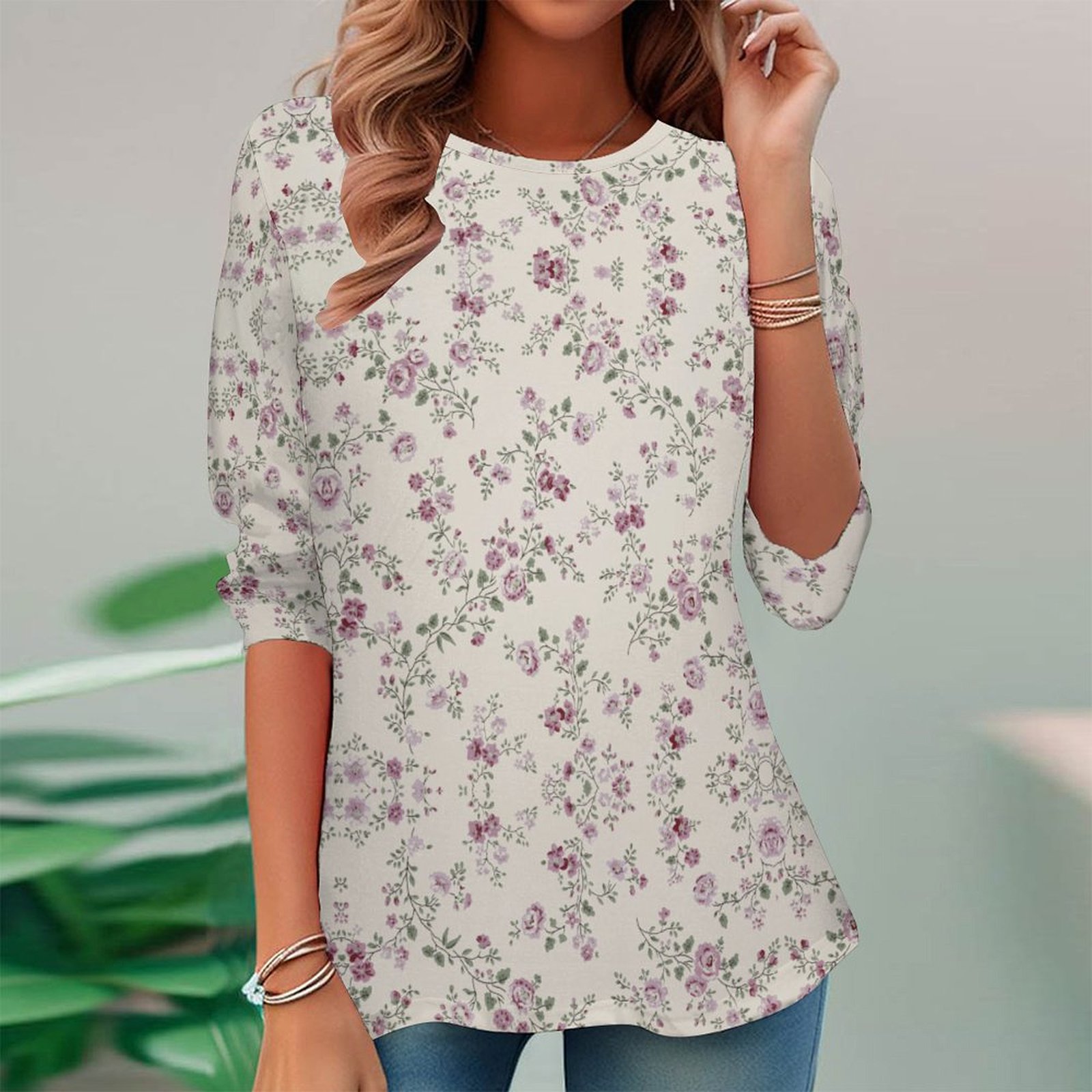 Women Long Sleeve V-neck Graphic Floral Printed Top