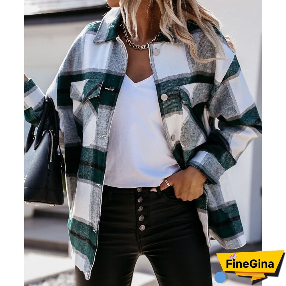 Hot Sale Women Fashion Plaid Shirt Jackets Turn-Down Collar Autumn Oversized Jacket Fashion Loose Coat Streetwear Female Outwear