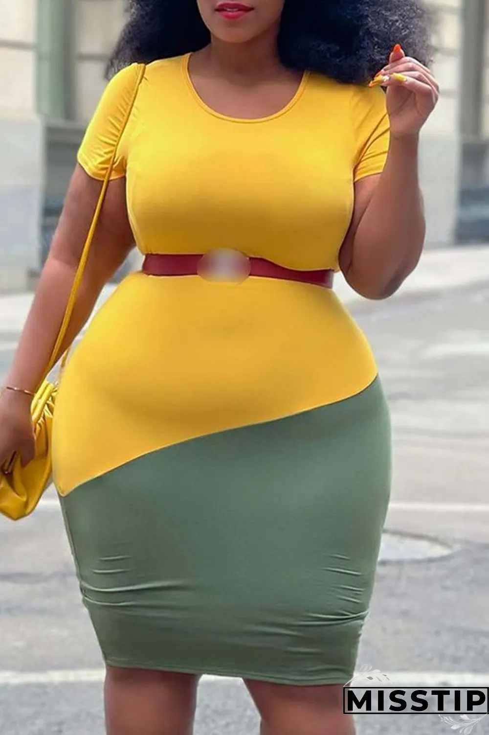 Black Green Fashion Casual Plus Size Patchwork Without Belt O Neck Short Sleeve Dress