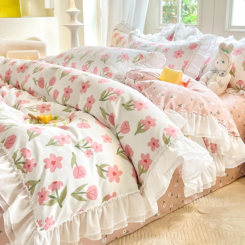 Aonga Princess Style Bedding Set Cute Korean Ruffles Single Double Queen Size Duvet Cover Sheet Pillowcase Girls Bedspread aonga
