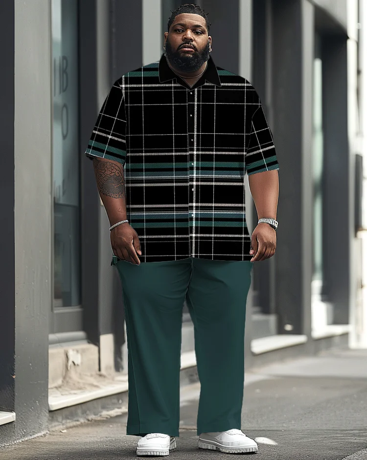 Men's Plus Size Business Classic Check Fabric Short Sleeve Shirt Suit