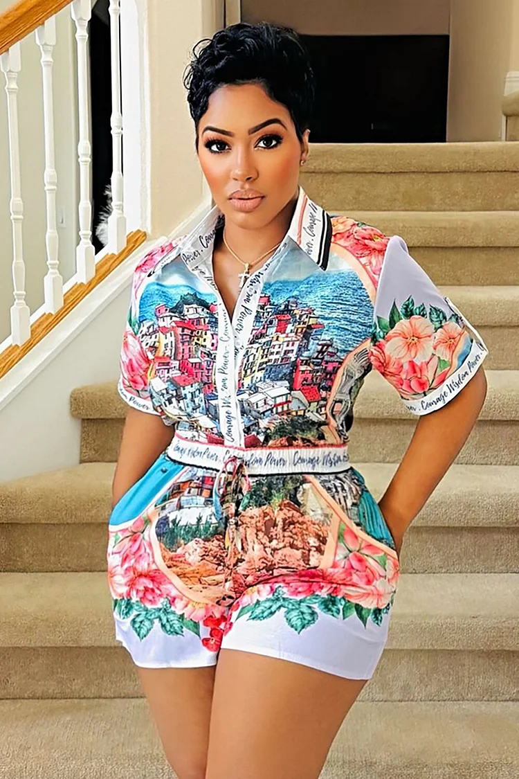 Floral Mixed Print Short Sleeve Blouse Shorts Matching Set-White