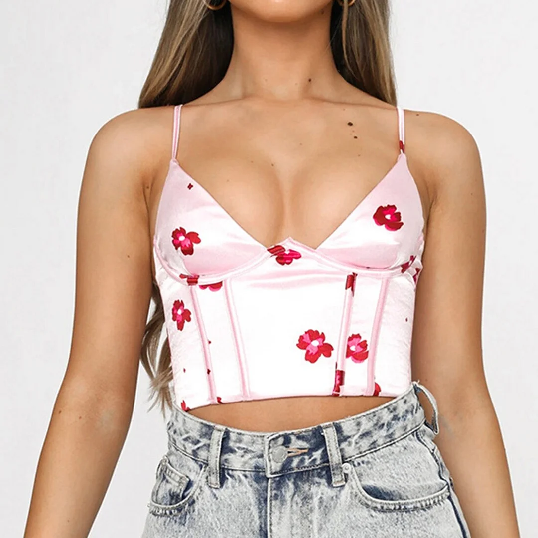2021 Summer New Staghetti V Neck Satin Corset Top With Straps Floral Print Clothes Blue Sleeveless Club Women Crop Tops