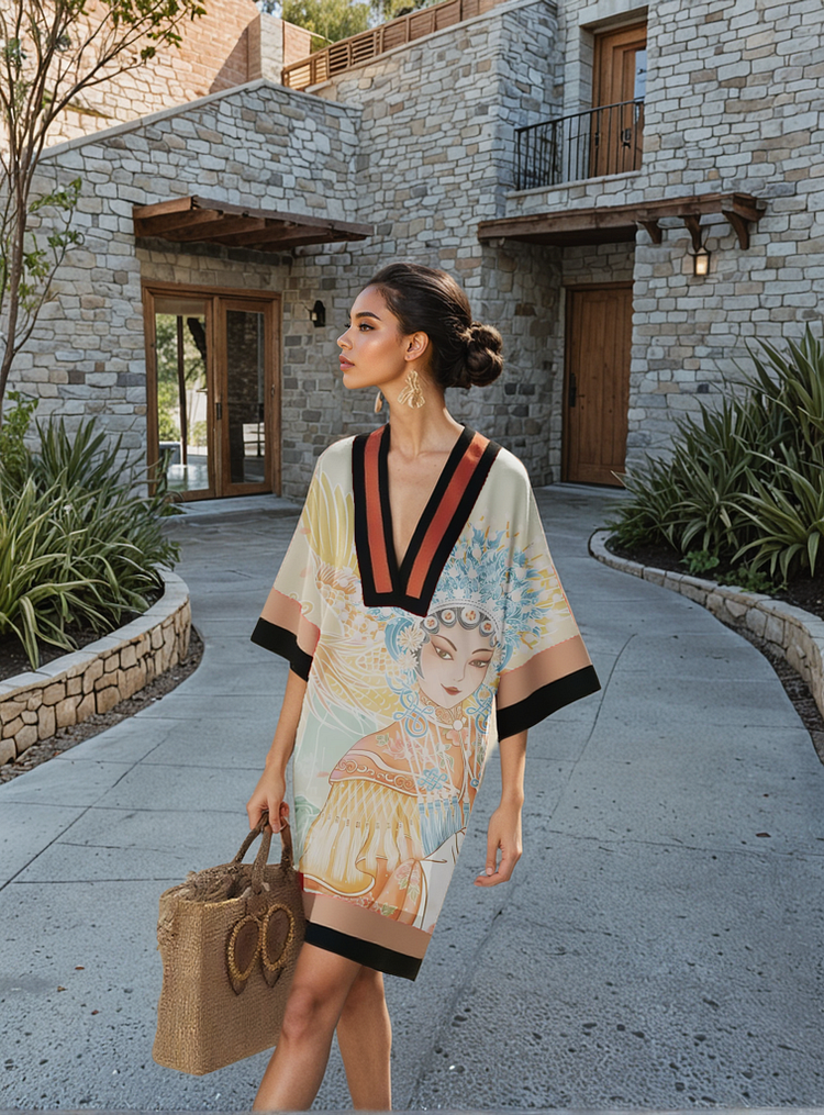 Ancient Style Printed  Women's V-Neck Short Dress