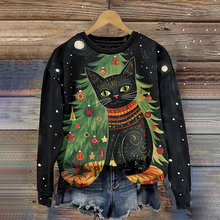 Comstylish Cute Cat Print Pullover Sweatshirt