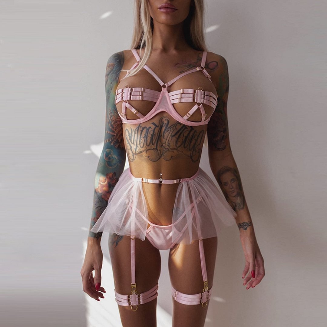 MIRABELLE Sensual Lingerie With Short Skirt Hollow Out Sexy Bra And Panty Set Woman 5 Pieces Underwear Garter Pink Erotic Set
