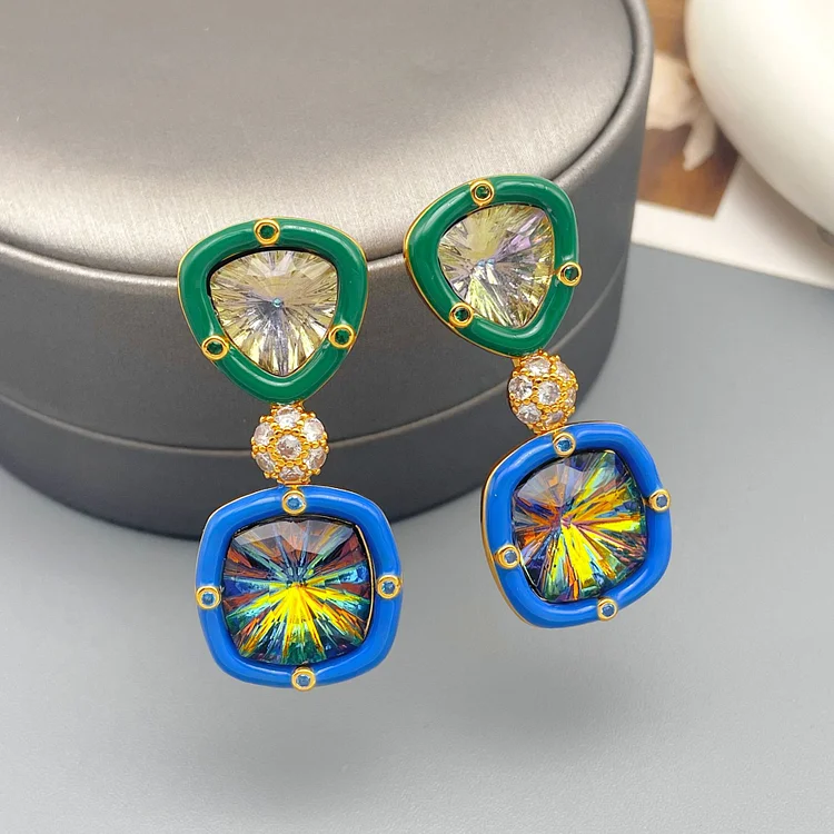 Oil painting enamel inlaid zirconium earrings