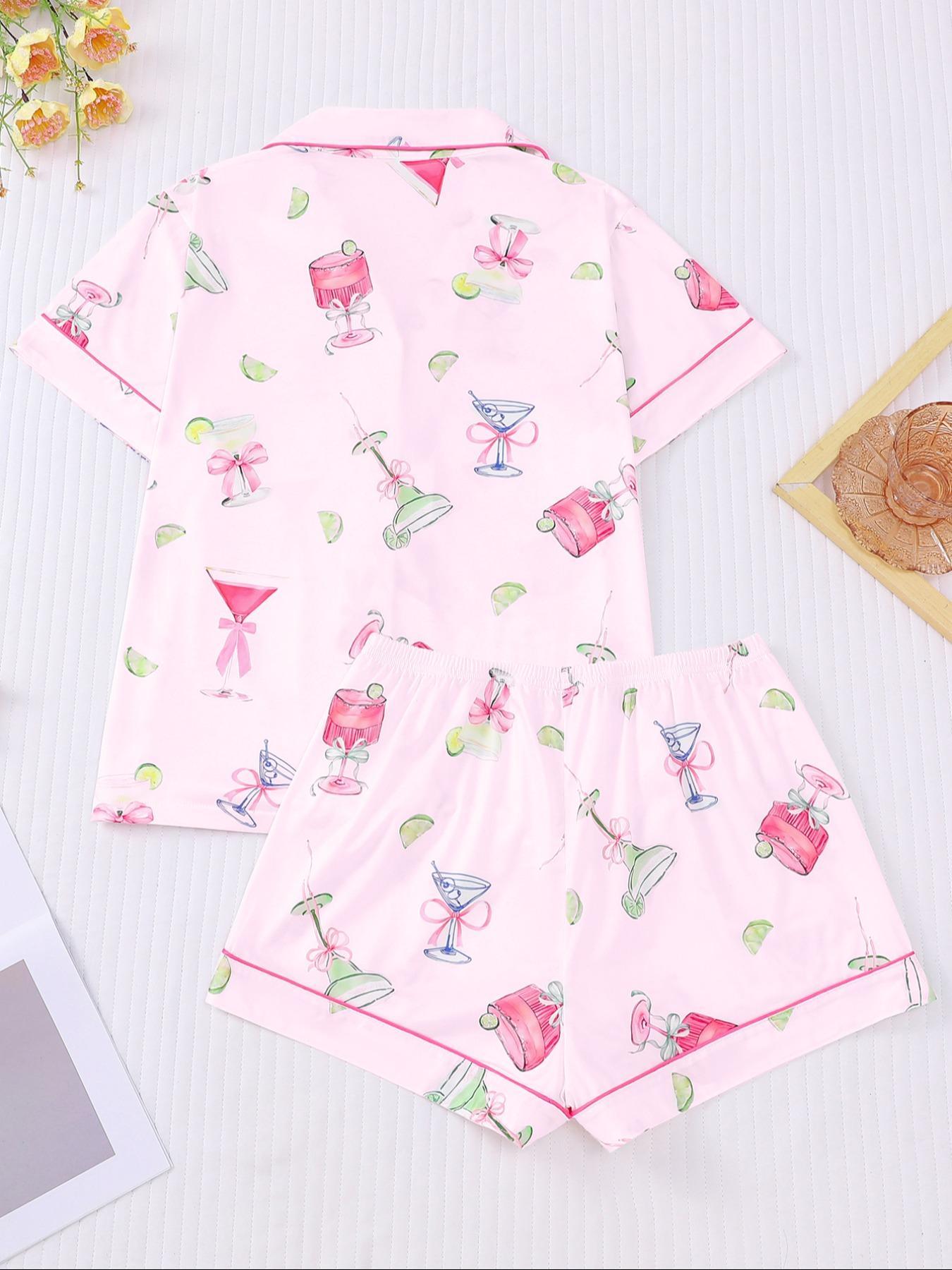 Women's All-Over Cocktail Print Button Front Shirt & Elastic Waist Shorts Pyjama, Casual Comfy Pjs Short Sleeve Top & Shorts Pajamas Set, Ladies Sleepwear for All Seasons, Loungewear, Casual Pajamas Outfit
