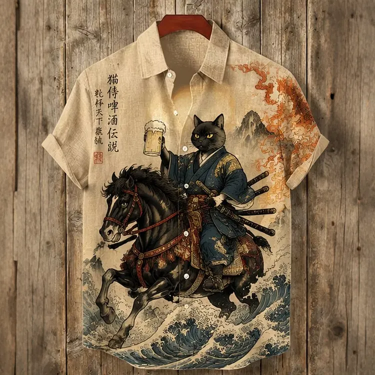 Men's Samurai Cat With Beer Japanese Ukiyo-e Wave Mountain Print Short Sleeve Shirt