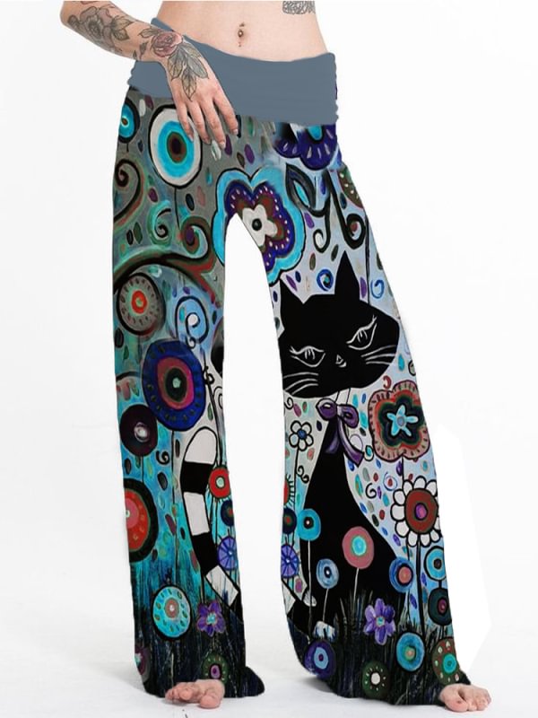 Casual women's versatile straight tube printed wide leg pants